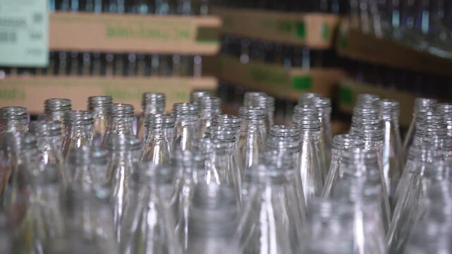 Worker hands wearing gloves placing empty glass bottles on industrial automated conveyor belt line inside modern  beverage factory production plant facility, manufacturing process in industry.