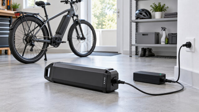 Electric bicycle battery charging with charger plugged into wall socket in bright utility room. E-bike parked in background with helmet on shelf. Battery recharging, eco friendly transport