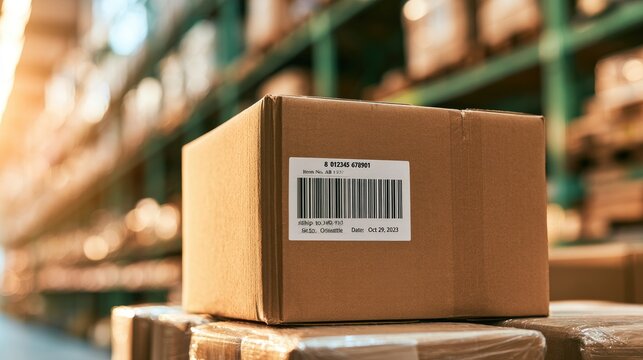 Cardboard delivery box with barcode label in warehouse.