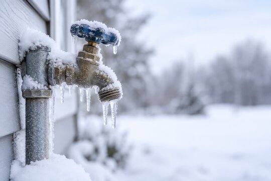 Frozen outdoor water faucet covered with frost and icicles during winter. concept of cold weather, frozen pipes, winter outdoor scene, copy space