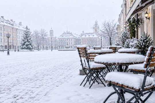 Snow-covered outdoor cafe furniture during winter closure in european city square with historical buildings and leafless trees, copy space