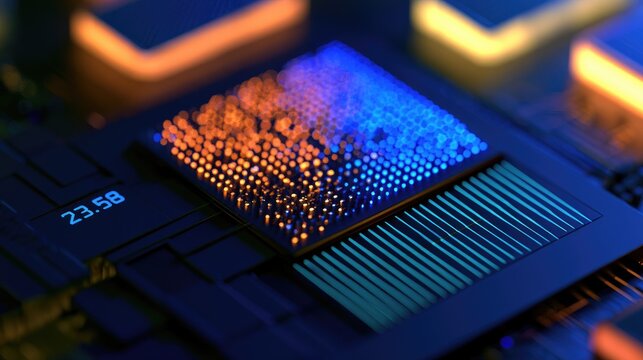 Abstract macro view of a high tech computer processor chip with glowing blue and orange data circuits.