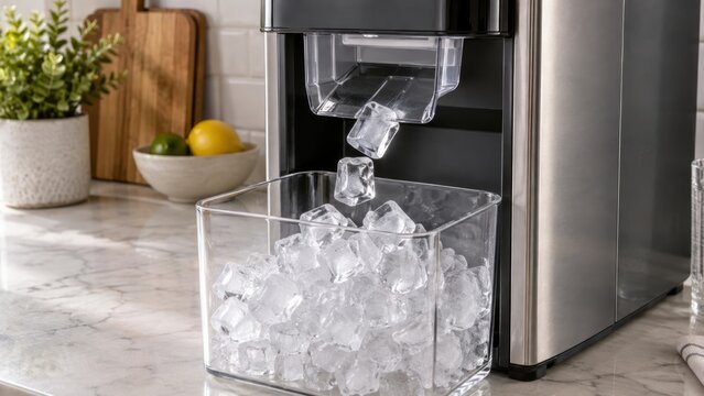 Modern household ice maker dispensing ice cubes in kitchen for refreshing beverages and home convenience concept