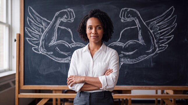 Confident female teacher standing in a classroom with a chalkboard drawing of flexed arms symbolizing strength, empowerment, and leadership.