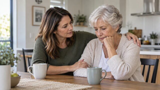Daughter comforting sad senior mother at kitchen table with coffee mugs. Family support and care for elderly parent at home. Emotional conversation between women