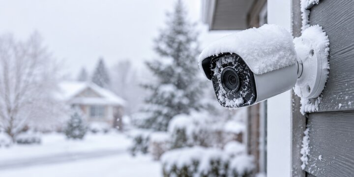 Snow covered security camera on modern house exterior in winter scene capturing safety measures, copy space, banner