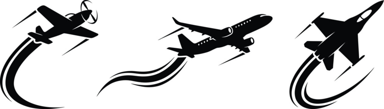 Set of three black silhouette airplane flight path illustrations with propeller plane air travel aviation design icon set air transport sky travel air show fighter jet design element