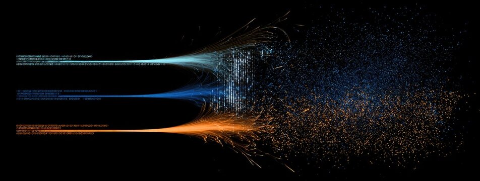 Three glowing particle beams dispersing into abstract clouds on black background.