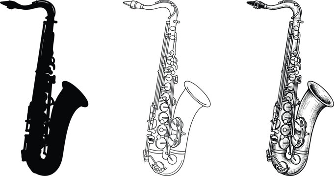 Saxophone Illustration Set in Silhouette, Outline and Vintage Engraving Styles for Music Design