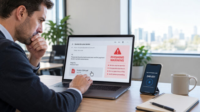 Businessman checking suspicious invoice email with phishing warning on laptop in bright office. Smartphone showing verification code on desk. Email fraud, scam detection and cybersecurity