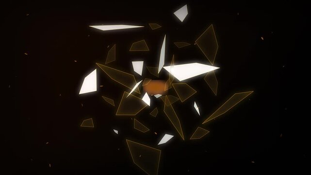 Abstract geometric shattered glass animation with glowing orange core elements floating in dark background