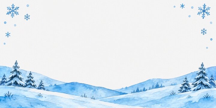 Watercolor snowy hills and evergreen trees winter banner with copy space. serene landscape illustration for seasonal greeting cards and holiday decor