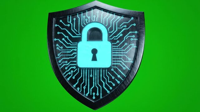 Futuristic smart city model encased in a glowing digital security dome against a green screen.