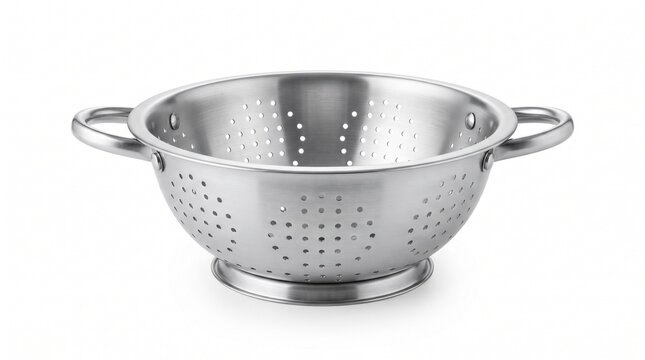 A stainless steel colander with two handles isolated on a white background