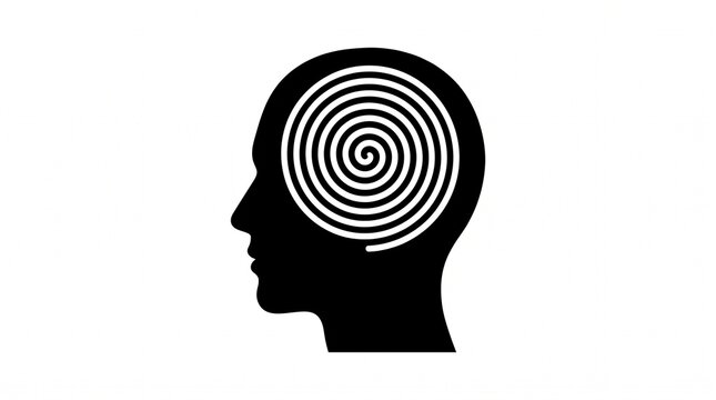 Minimalist black silhouette of a human head profile featuring a hypnotic spiral pattern inside the brain, representing focus and mental state.