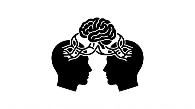 Connected human heads silhouette icon sharing a central brain representing collaboration, communication, collective intelligence, and networking.
