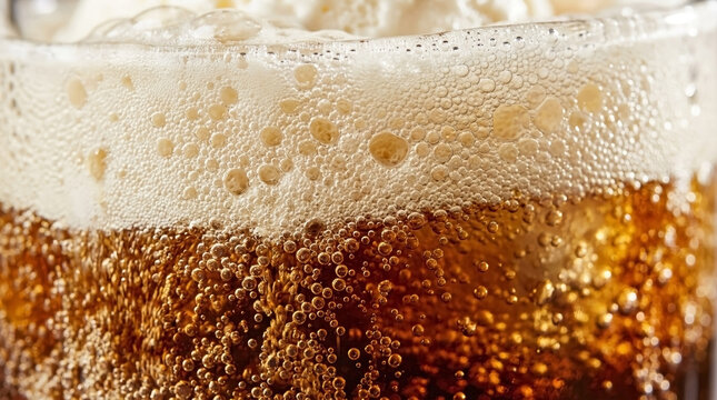 Extreme close-up of a dark carbonated soda with creamy white foam. Fizzy root beer float beverage texture with bubbles. Refreshing cold summer drink background