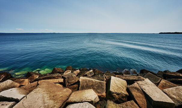The large granite blocks of the Rockland Breakwater in Rockland, Maine, New England