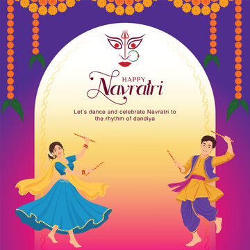 Happy Navratri Indian Couple Performing Garba Dance In Traditional Attire Post Design