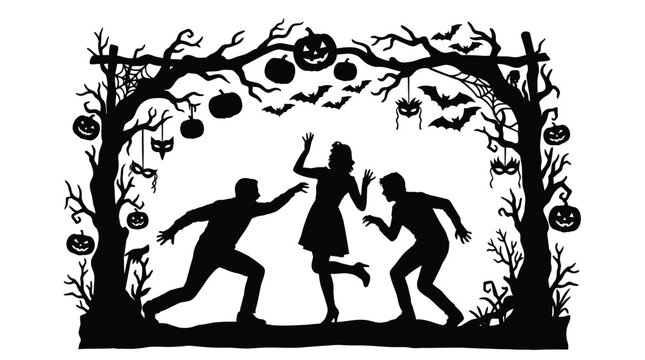 Spooky Halloween silhouette illustration featuring dancing people, bats, pumpkins, and twisted trees with scary details
