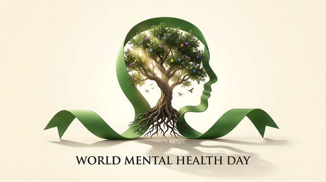 World Mental Health Day concept with a human head and growing tree illustration