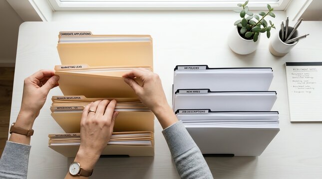 Top view of hands organizing administrative paperwork and manila file folders on a white desk in a bright office environment