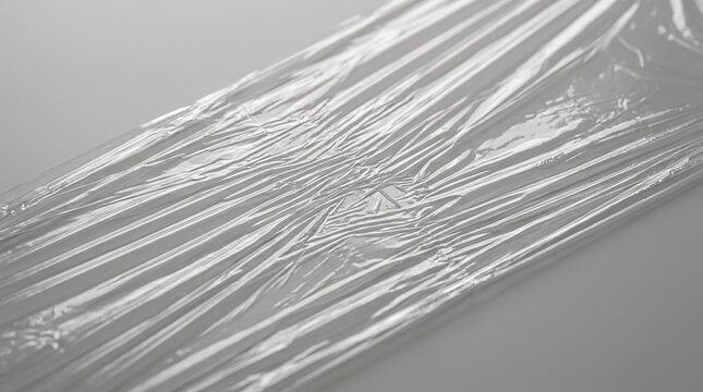 Wrinkled clear plastic wrap texture. Close-up of transparent cling film with creases and folds. Glossy cellophane packaging material background