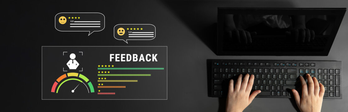 A system for collecting customer feedback and measuring service quality. A dashboard with user reviews, ratings, and a satisfaction meter. Motif