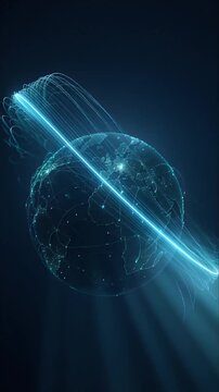 Futuristic Digital Globe with Global Data Network, Glowing Blue Stream and Earth Connections Symbolizing Technology, Communication, Worldwide Information Exchange and Global Connectivity