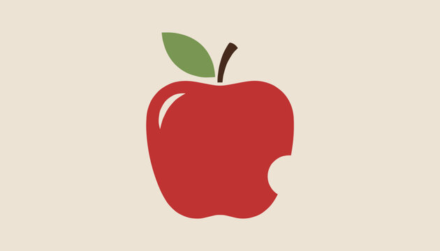 Simple red apple vector illustration with green leaf and single bite mark on light beige background.