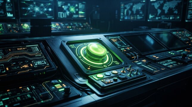 Futuristic emergency kill switch integrated into a cyber command console, featuring acid green illumination and advanced electronic shutdown controls.