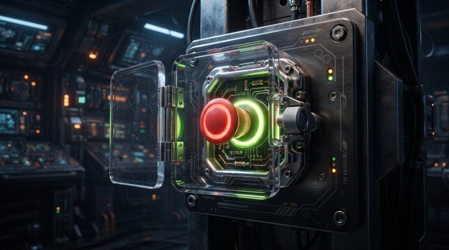 Emergency kill switch beneath a transparent safety cover with acid green illumination, futuristic industrial shutdown control and machine protection concept.