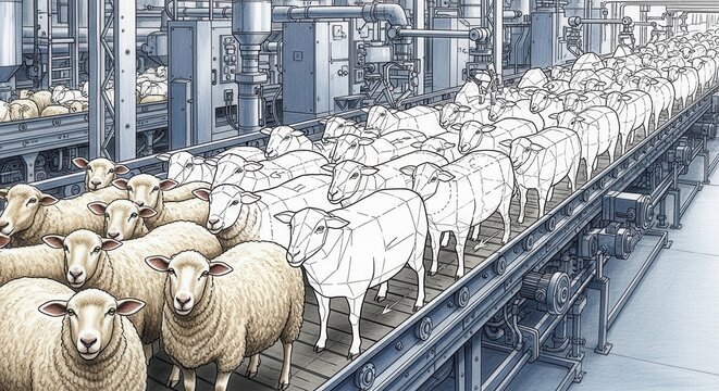 Surreal conceptual illustration of fluffy textured sheep transitioning into low-poly geometric wireframe figures, standing on an automated industrial factory conveyor belt under dim, cold blueish