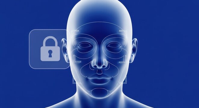 Futuristic digital 3D rendered human face model with biometric scanning wireframe mapping lines and a glowing lock security icon, facing forward in a clean monochromatic blue aesthetic, illuminated by