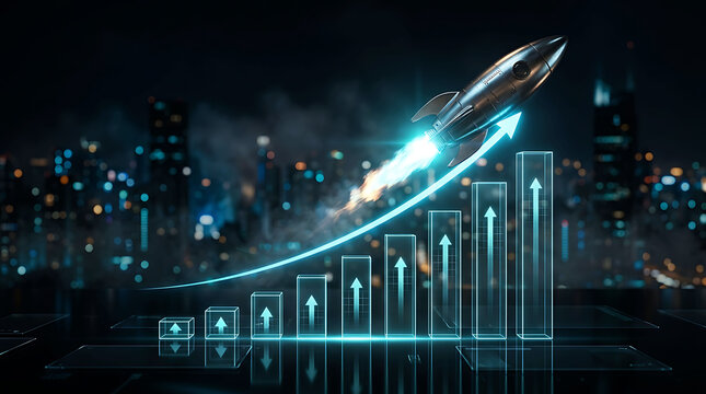 Rocket launching over upward growth charts representing business success and profits