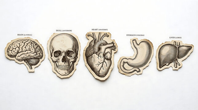 Vintage anatomical illustrations of human organs arranged on a white background