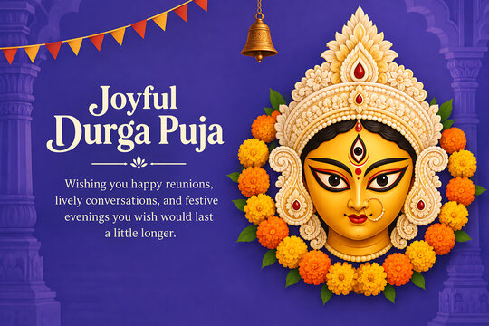 Durga puja and navratri greeting card with crowned goddess face, marigold garland, hanging bell and festive bunting against a purple temple background