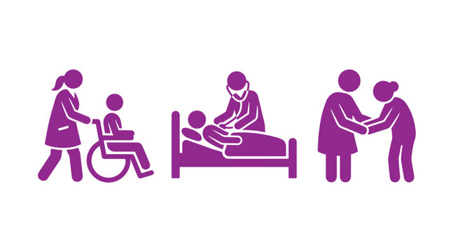 Healthcare assistance and patient care icons depicting medical support for wheelchair bedridden recovery elderly nursing with wheelchair recovery assistance hospital healthcare