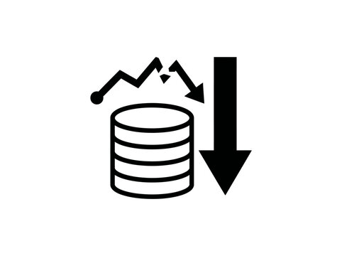 Financial decrease concept showing coin stack with downward trend line and falling arrow representing budget cuts.
