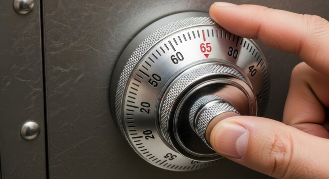 Close-up of a hand turning a high-security metallic brushed chrome safe combination lock dial on a dark textured steel vault door, carefully rotating to align numbers under soft studio lighting,