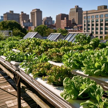 Urban rooftop hydroponic garden with healthy green plants and city buildings in background