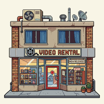 A charming retro video rental shop with brick walls, display windows, and a vintage sign on the roof. vector illustration