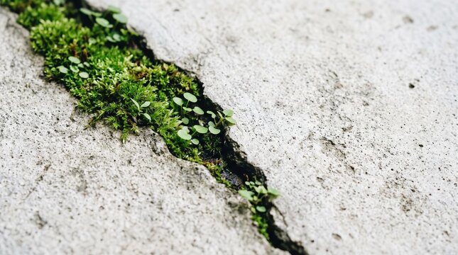 Close-up of vibrant green moss and small plants growing in a crack of rough concrete pavement, symbolizing nature resilience, urban ecology, spring growth, environmental