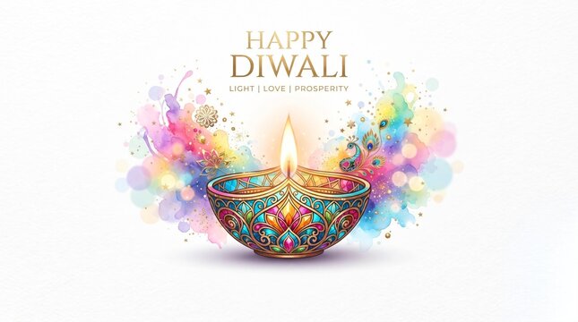 Happy Diwali Watercolor Banner with Ornate Decorative Diya and Pastel Ink Splashes