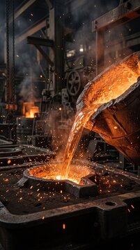 Bright orange molten steel pouring directly into a dark sand mold during the heavy industrial metal casting process