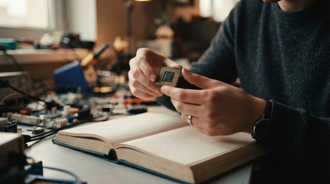 Technician examining computer processor chip with open book and electronic components on desk