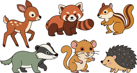 Obraz premium Cute Woodland Animal Collection Featuring Deer Red Panda Squirrel Badger Chipmunk and Hedgehog Character Illustrations
