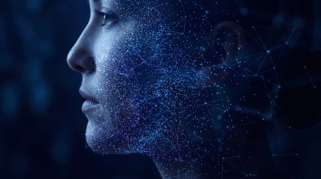 Side profile of a human face illuminated by glowing blue digital network data particles