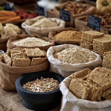 Market stall display of bulk grains, flour, and seed products in containers
