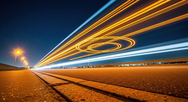 Dynamic long exposure light trails on a highway at night.